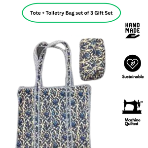 Bolsa de Mano Premium con Diseño Floral Estampado en Bloque de Jaipur en Azul y Blanco + Set de Neceser a Juego con Cierre de Cremallera, Paquete de Regalo para Toda Temporada - Product Image 2