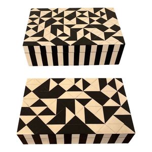 Modern Black White Resin Inlay Geometric Pattern Rectangular Storage Box Jewelry Box Decorative Wood Material Living Room Use - Product Image 6