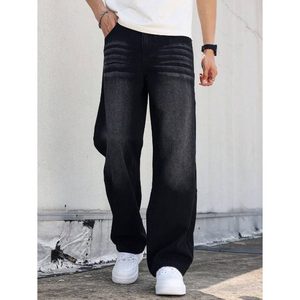 Jeans de Mezclilla para Hombre, Estilo Retro Vintage, Negros, Lavado con Efecto Whisker, Corte Recto, Pierna Ancha, Ecológicos, Transpirables, Moda Urbana, Tallas 28-42 - Product Image 3