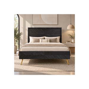 Contemporary Wooden Bed Frame With Decorative Chevron <b>Panels</b>, Raised <b>Headboard</b> And Sleek Golden Legs <b>For</b> Modern Bedroom Decor - Product Image 1