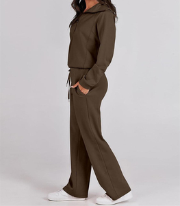 Women Tracksuit Solid Color Hooded Half-<b>Zip</b> <b>Sweatshirt</b> And Drawstring Pants Set Loose Fit <b>Full</b> Length Casual Autumn Wear - Product Image 2