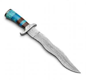 Handcrafted curved <b>profile</b> damascus steel outdoor utility <b>tool</b> Turquoise resin and Wood Stacked Handle - Product Image 1