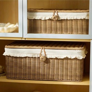 Panier de rangement rectangulaire en rotin avec doublure en coton et poignée pour salle de bain, organisateur multi-usages pour un rangement soigné - Product Image 4