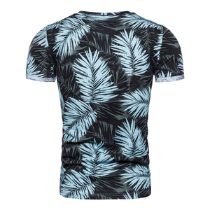 T-shirt personnalisé pour homme, coupe ajustée, manches courtes, imprimé feuilles tropicales, col rond, respirant, tricoté, décontracté, pour l'été - Product Image 4