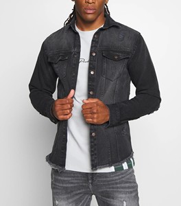 Veste en jean slim déchirée pour homme, noire, non doublée, délavée, ourlet effiloché, col rabattu, manches classiques, décontractée, printemps, style vintage, fermeture avant - Product Image 1