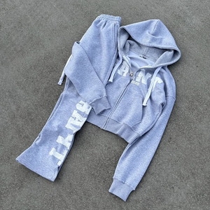 Chándal Unisex con Capucha y Cremallera, Manga Larga, Adornado con Pedrería, Estilo Urbano, Color Sólido, Otoño - Product Image 2