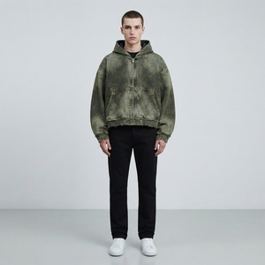 Sudadera con capucha para hombre, verde oliva, con cremallera, efecto desgastado, de algodón y forro polar, con bolsillos tipo canguro, estilo urbano oversize - Product Image 4