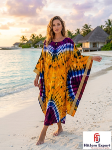 Robe Kaftan Col V Tie-Dye Ample Longueur Ras du Sol Manches Courtes Bohème Été Plage Cache-Maillot en Mousseline pour Femme Fabricant OEM ODM - Product Image 5