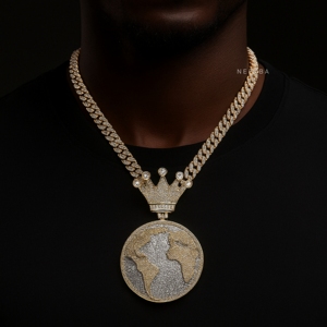 จี้พระราชาแห่งโลก - จี้เงินแท้ 925 ประดับเพชรโมอิสซาไนต์ทรงบาแกตต์, จี้ทรงโลกแบบมงกุฎ, จี้เพชรโมอิสซาไนต์ทรงกลมขนาดใหญ่ - Product Image 1