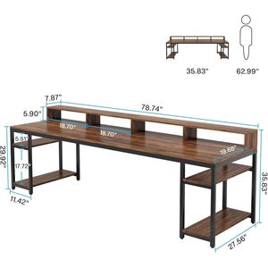 Bureau d'ordinateur double pour deux personnes de 78,74 pouces de long avec étagères de rangement, grand bureau de jeu, d'étude et d'écriture - Product Image 3