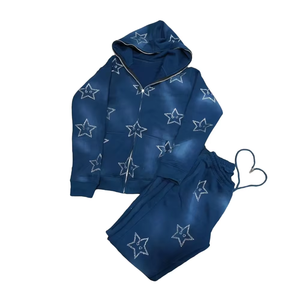 ชุดสตรีทแวร์พิมพ์ลายโลโก้แบบพัฟฟ์ ล้างสีแบบแอซิดวอช ทรงขาบาน แต่งลายปักแบบดิสเทรส พร้อมแพทช์เชนีล ชุดวอร์มสตรีทแวร์ - Product Image 2