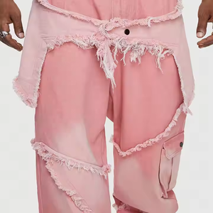 <b>Men</b> Heavyweight Straight Baggy Patchwork Washed <b>Pink</b> Denim Patches Pants Mid Waist Oversize <b>Pink</b> <b>Trousers</b> - Product Image 3