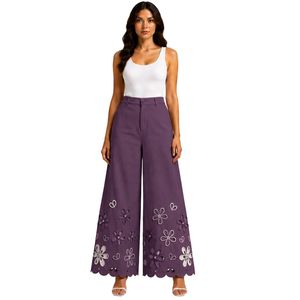 Pantalones Palazzo de Algodón Bordados de Pierna Ancha Morados Personalizados para Mujer con Estampado Floral Blanco y Cintura Alta - Ropa de Moda Personalizada - Product Image 1