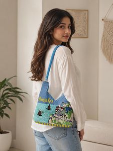 Handmade Embroidered Canvas Handbag Rectangular <b>Shape</b> With Colorful Animal <b>And</b> Fruit Patterns For Art Collectible Use - Product Image 2