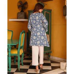 Ensemble Kurta Vintage en Crêpe Floral Azure 100% Coton, Manches Trois Quarts, Tenue Ethnique de Créateur pour Fête et Cérémonie, pour Femme, Taille XS - Product Image 4