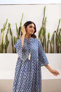Vestido Maxi Boho Estampado 100% Algodón Ecológico con Borlas, Cuello Mandarín, Manga Campana, Corte Holgado, Patrón Geométrico, Formal, Verano - Product Image 2