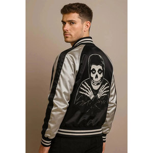 OEM ODM Satin Bomber <b>Jacket</b> - Black & Silver Varsity Coat - <b>Gothic</b> Punk Streetwear Top Selling 2026 - Product Image 3