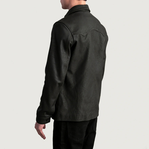 Veste chemise en cuir PU noir pour homme, col rabattu, fermeture boutonnée, coupe ajustée, style workwear, vêtement d'automne - Product Image 4