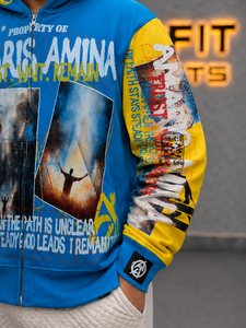Sudadera con capucha y cremallera oversize con estampado gráfico para hombre, estilo urbano, azul y amarillo, corte regular - Product Image 2