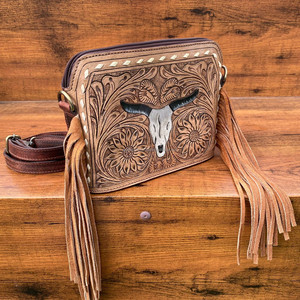Date Western à la main en cuir usiné taureau outillage femmes bandoulière frange sacs de haute qualité à la main en cuir de vachette sac à bandoulière - Product Image 2