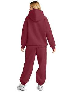 Ensemble deux pièces pour femme, sweat à capuche et pantalon de jogging, rouge vin, polaire, pull décontracté, coupe classique - Product Image 4