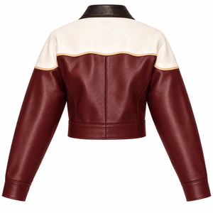 Women's Color Block PU Leather Bomber <b>Jacket</b> Full <b>Sleeve</b> Turn-down Collar Zipper Closure <b>Short</b> Length Autumn Style - Product Image 4
