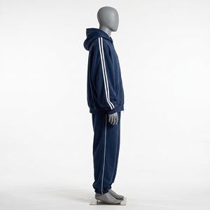 Conjunto Deportivo Azul Marino Oversize para Hombre con Cremallera, Sudadera con Capucha y Dos Rayas Blancas, Pantalones Jogger con Puños Elásticos y Logotipo en el Pecho, Traje Deportivo con Cremallera y Capucha - Product Image 5