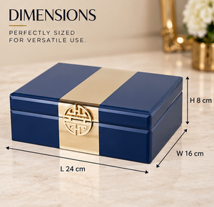 Navy Blue Glass Jewelry Storage Box with Gold Geometric Accent <b>Cream</b> Stripe Glossy Finish Soft Lining Decorative Organizer - Product Image 2