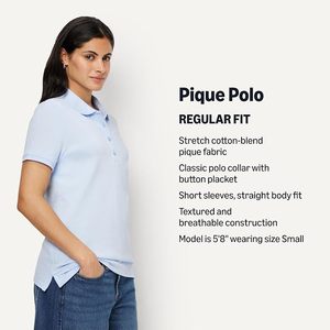 Polo à manches courtes en coton piqué bleu clair uni pour femme, style décontracté, coupe classique - Product Image 5