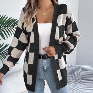Cárdigan de punto con patrón geométrico personalizado, manga larga, informal, para otoño, con puños acanalados, suéter acrílico para damas. - Product Image 3