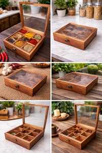 Wooden <b>Spice</b> <b>Box</b> Organizer, Masala <b>Box</b> 9 Compartment, Handmade Sheesham Wood <b>Spice</b> Storage, Indian Kitchen Organizer - Product Image 6