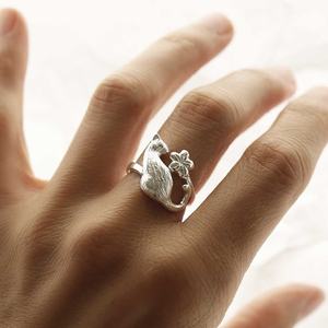 925 Sterling Silver Cat Flower <b>Adjustable</b> <b>Ring</b> Cute Animal Floral Bezel Setting Unisex Gift Open Band Wholesale Jewelry - Product Image 2