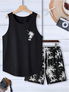 Conjuntos cortos de 2 piezas para hombre, conjuntos de verano con estampado tropical, camisetas sin mangas y pantalones cortos con cordón. - Product Image 2