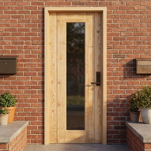 Porte intérieure en bois de pin massif avec panneau central en verre, design minimaliste, surface finie, ouverture latérale, coupe-vent, usage hôtelier - Product Image 3