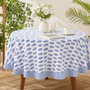 New Arrival Blue Leaf Print <b>Tablecloth</b> Block Printed Cotton Dining Table Linen with Border India Design Table Decor for India - Product Image 1