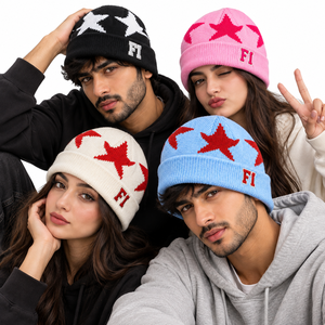 Bonnet en tricot à motif étoile de haute qualité pour hommes, bonnet d'hiver à revers, casquette en tricot côtelé extensible, chapeau personnalisé avec broderie, fournisseur B2B en gros - Product Image 5