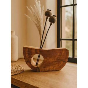 Vase en bois design contemporain pour la décoration intérieure, pièce d'art artisanale en bambou et en bois - Product Image 5