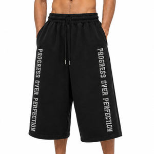 Drawstring Waist Oversize Knee Length <b>Shorts</b> <b>Men</b> Distressed Embroidery Fleece <b>Long</b> <b>Shorts</b> French Terry 450 GSM <b>Short</b> Sweatpants - Product Image 6