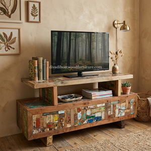Meuble TV en bois de bateau récupéré, 3 tiroirs, style double plateau, patchwork, bois recyclé, design durable pour support TV - Product Image 6