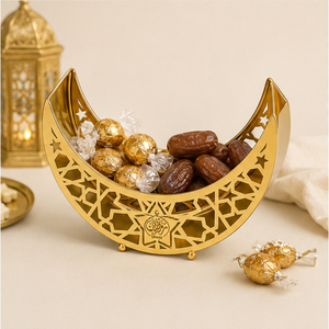 Luxury <b>Gold</b> Metal Ramadan <b>Serving</b> <b>Tray</b> Crescent Moon Shape Hollow Out Platter For Dates Candy Dessert Eid Mubarak Iftar Party - Product Image 2