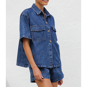 Set <span class=keywords><strong>di</strong></span> Alta Qualità: <span class=keywords><strong>Camicia</strong></span> in Denim a Due Pezzi con Chiusura a Bottoni e Spalle Scivolate, Pantaloncini con Cordoncino in Vita, Completo <span class=keywords><strong>Jeans</strong></span> da Donna - Product Image 4