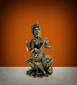 Handcrafted Brass Saraswati <b>Statue</b> Wax Casting Goddess Saraswati Idol for Home Decor - Product Image 1