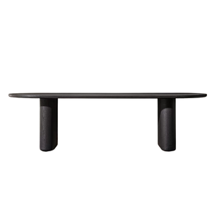 Table de repas d'extérieur minimaliste contemporaine en teck massif, surface ovale arrondie, design robuste à double colonne pour usage en terrasse - Product Image 1