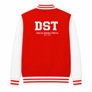 Veste universitaire personnalisée Delta Sigma Theta Sorority, rouge et blanche, manches longues, fermeture éclair sur le devant, col à bandes, logo brodé, coton. - Product Image 4