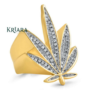 Bague Cocktail en Moissanite Plaqué Or, Sertie Pavé, Forme Feuille, Style Hip-Hop, Bijou Unisexe - Product Image 2