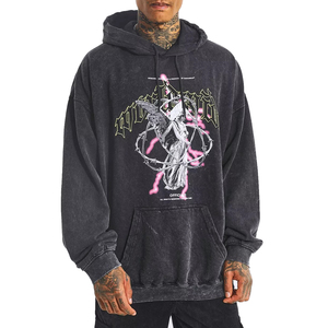 Sweat-shirt à capuche pour homme, coupe classique, noir, effet délavé, imprimé sportif, 100% coton, tissu personnalisé, écologique - Product Image 1