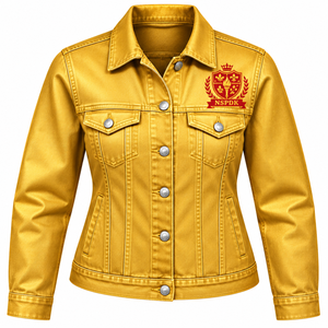 Chaqueta vaquera roja PDK para mujer, estilo camionero, con emblema decorativo, bolsillos en el pecho, cierre de botones y diseño elegante y largo. - Product Image 6