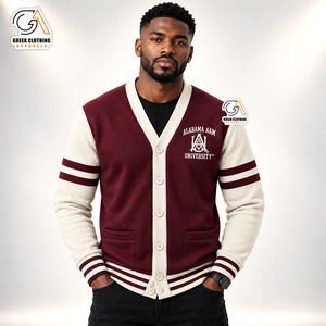 Vêtements grecs pour hommes, pull cardigan brodé de l'Université Alabama A&M, couleur marron, manches longues, col en V, 100% tricoté - Product Image 4