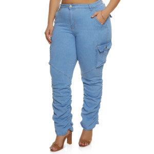 Jeans Cargo Azul Claro de Cintura Alta para Mujer Talla Grande, con Bolsillos, Cierre de Botones, Estilo Casual, Corte Regular, para Primavera - Product Image 6