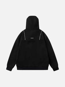 Sudadera con Capucha Negra Extra Grande Unisex, Sudadera con Cierre Asimétrico y Bolsillo para Otoño, Estilo Urbano - Product Image 2